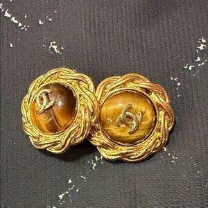 CHANEL Gold and Brown Tiger Eye Earrings